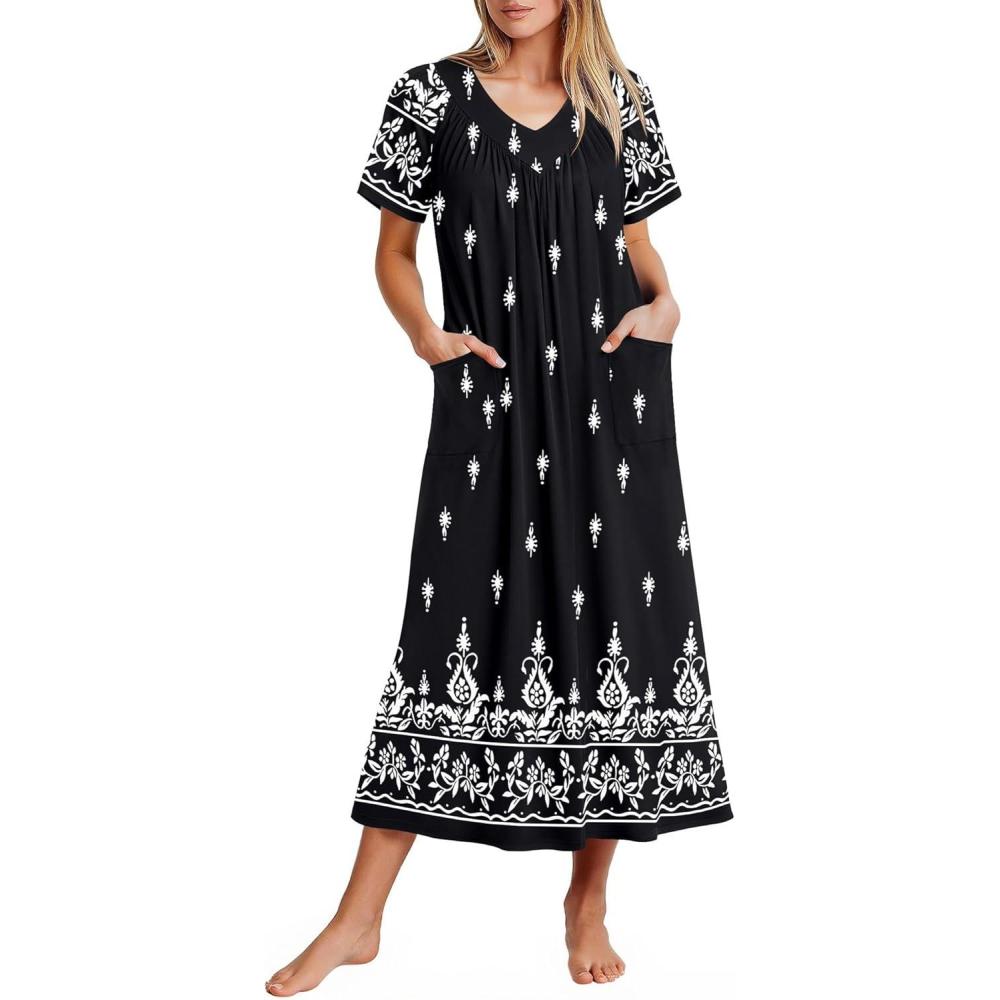 imageEkouaer Long Nightgowns for Women Short Sleeve House Dress with Pockets Full Length Loungewear S3XLFloral Black