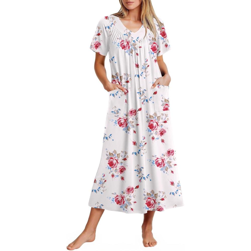 imageEkouaer Long Nightgowns for Women Short Sleeve House Dress with Pockets Full Length Loungewear S3XLRed Flower