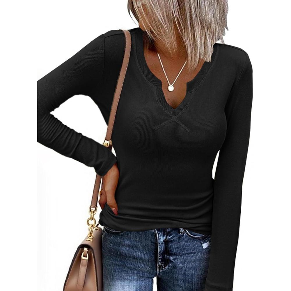 imageEkouaer Long Sleeve Shirts for Women V Neck Basic Ribbed T Shirt Thermal Undershirts Slim Fit Casual Tee TopsBlack