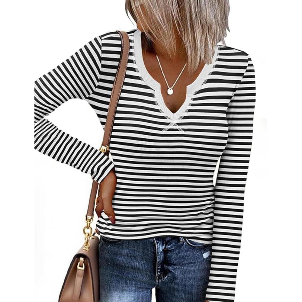 imageEkouaer Long Sleeve Shirts for Women V Neck Basic Ribbed T Shirt Thermal Undershirts Slim Fit Casual Tee TopsBlack White Stripe