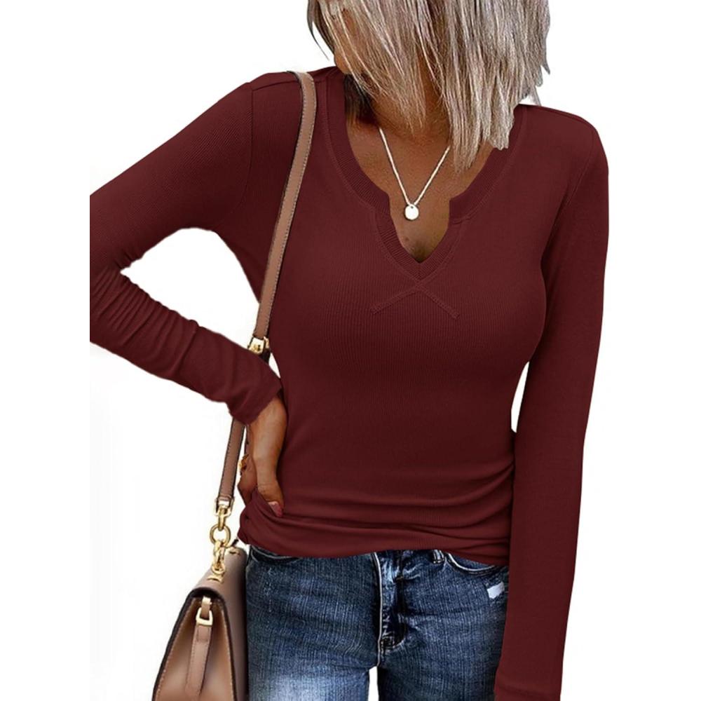 imageEkouaer Long Sleeve Shirts for Women V Neck Basic Ribbed T Shirt Thermal Undershirts Slim Fit Casual Tee TopsBurgundy