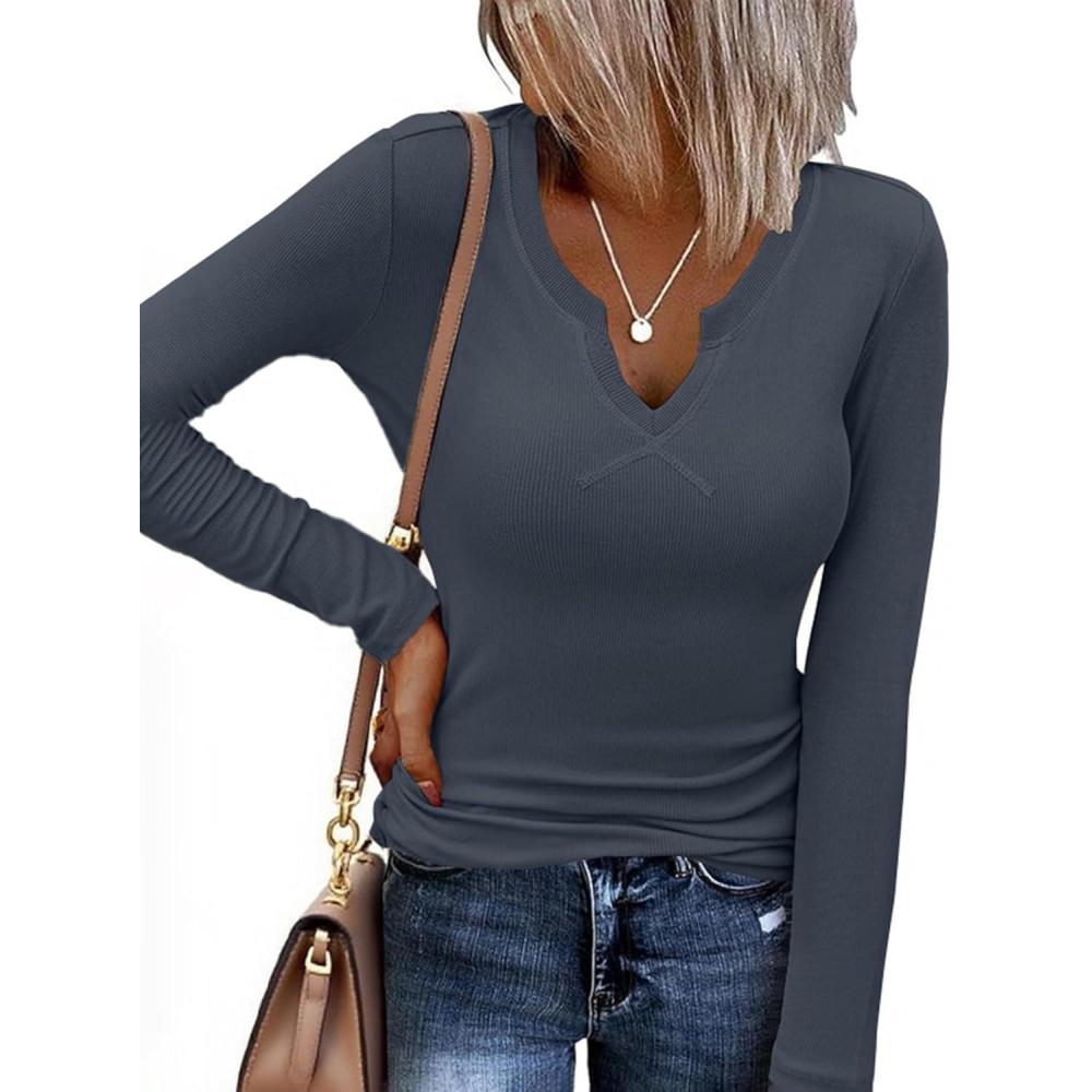imageEkouaer Long Sleeve Shirts for Women V Neck Basic Ribbed T Shirt Thermal Undershirts Slim Fit Casual Tee TopsDark Grey