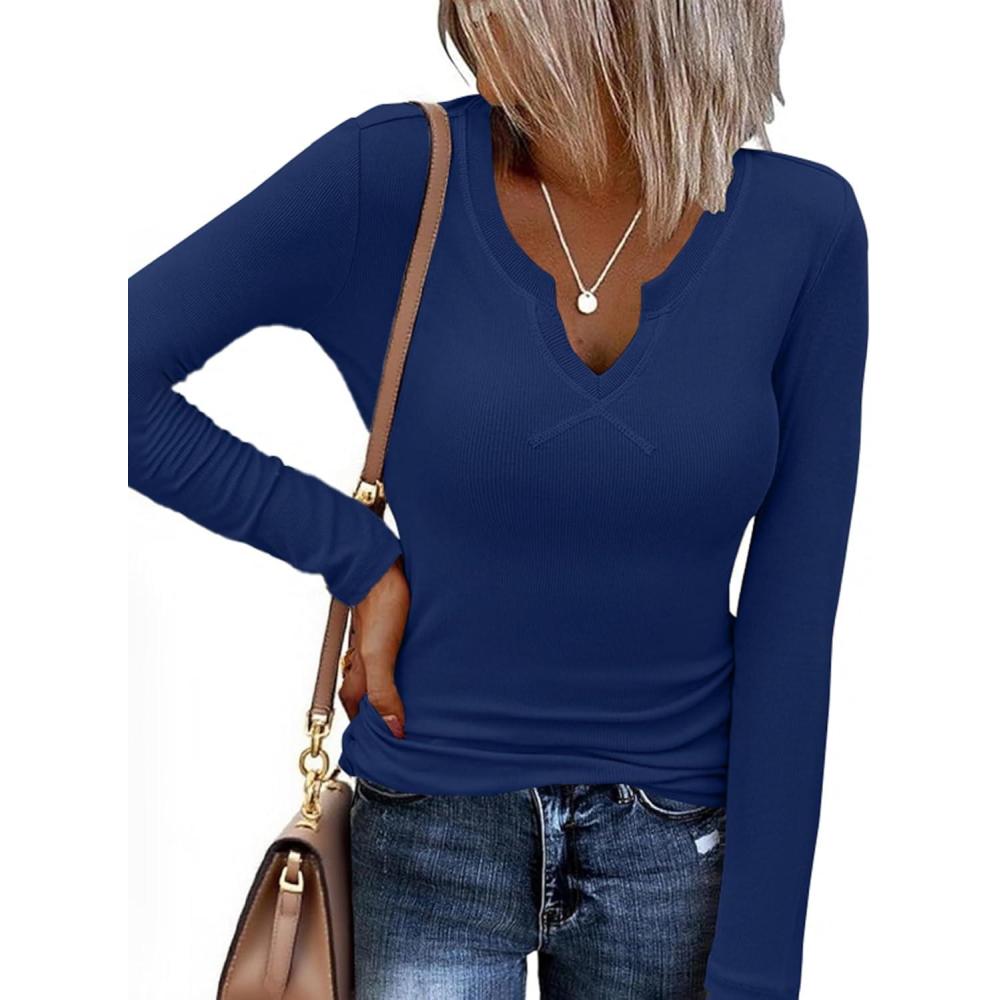 imageEkouaer Long Sleeve Shirts for Women V Neck Basic Ribbed T Shirt Thermal Undershirts Slim Fit Casual Tee TopsNavy