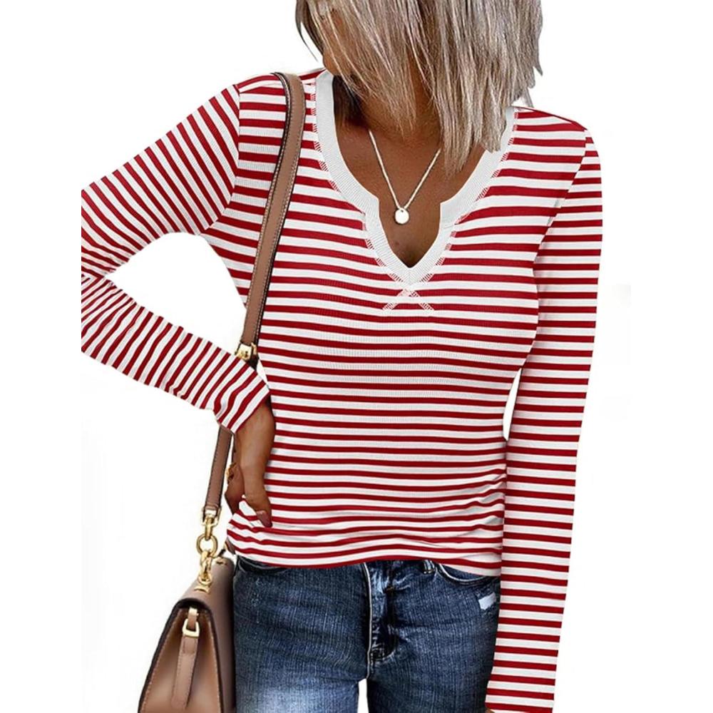 imageEkouaer Long Sleeve Shirts for Women V Neck Basic Ribbed T Shirt Thermal Undershirts Slim Fit Casual Tee TopsRed White Stripe
