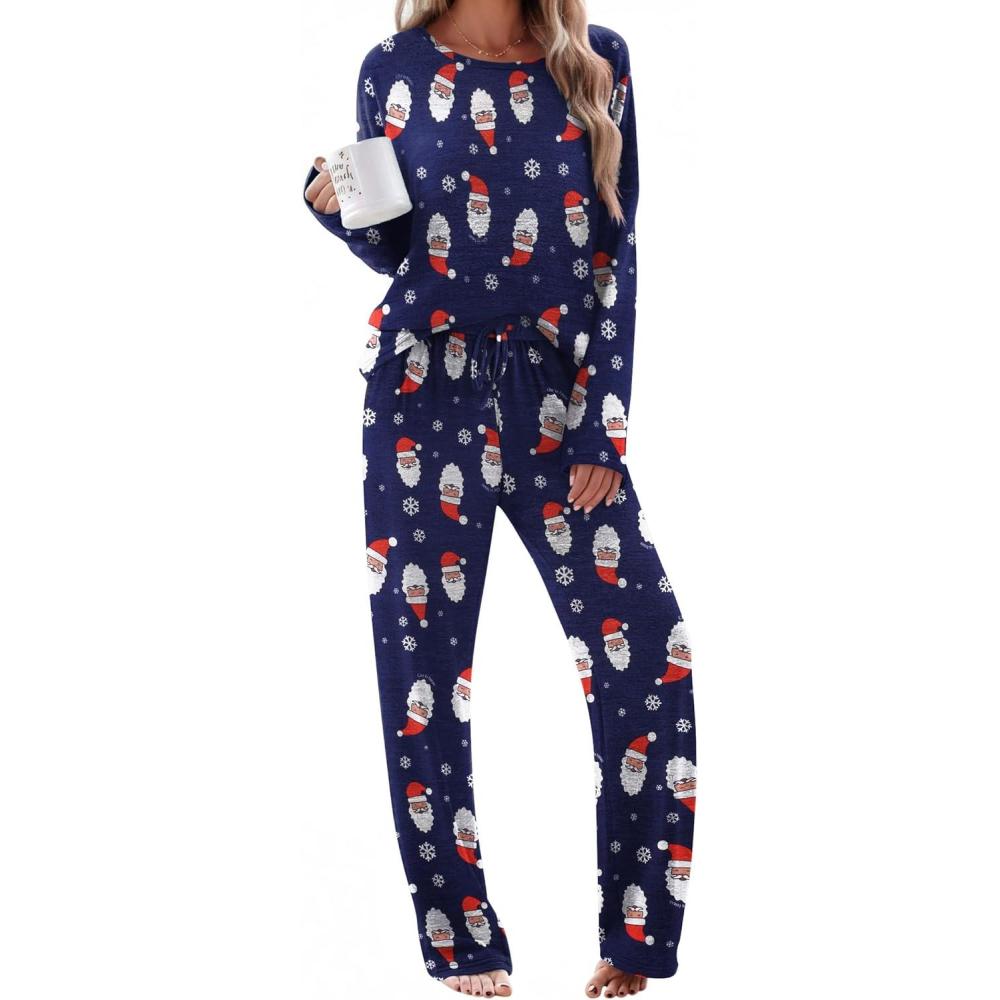 imageEkouaer Pajama Set Womens Long Sleeve Sleepwear Pullover Top and Pants Cozy Loungewear Soft Pjs Lounge Set with Pockets SXXLChristmas Navy