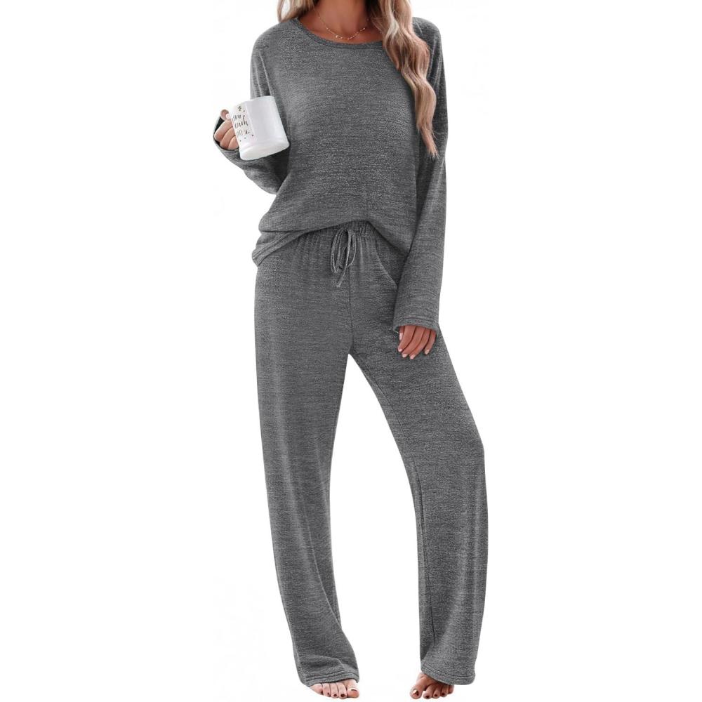 imageEkouaer Pajama Set Womens Long Sleeve Sleepwear Pullover Top and Pants Cozy Loungewear Soft Pjs Lounge Set with Pockets SXXLGray