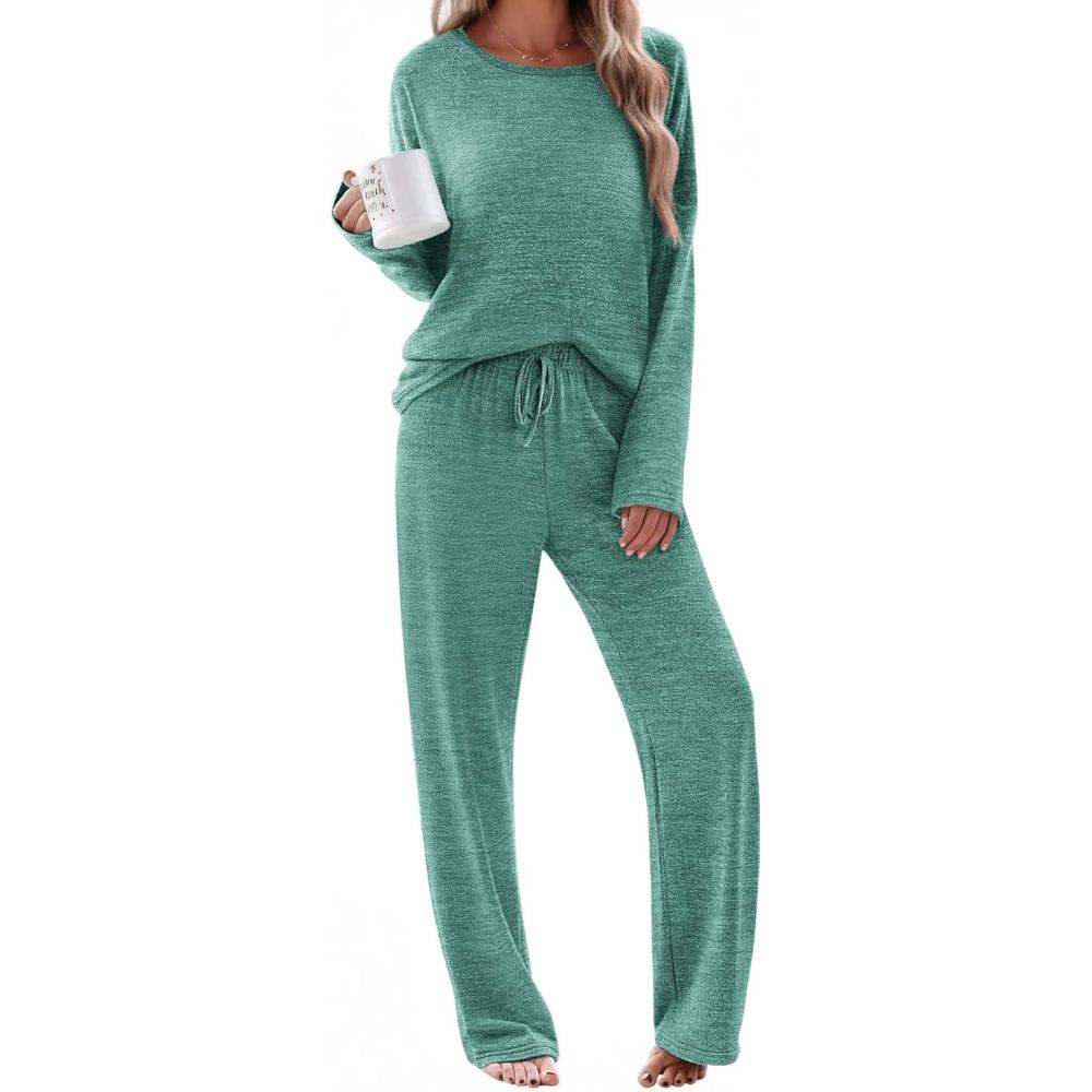 imageEkouaer Pajama Set Womens Long Sleeve Sleepwear Pullover Top and Pants Cozy Loungewear Soft Pjs Lounge Set with Pockets SXXLGreen
