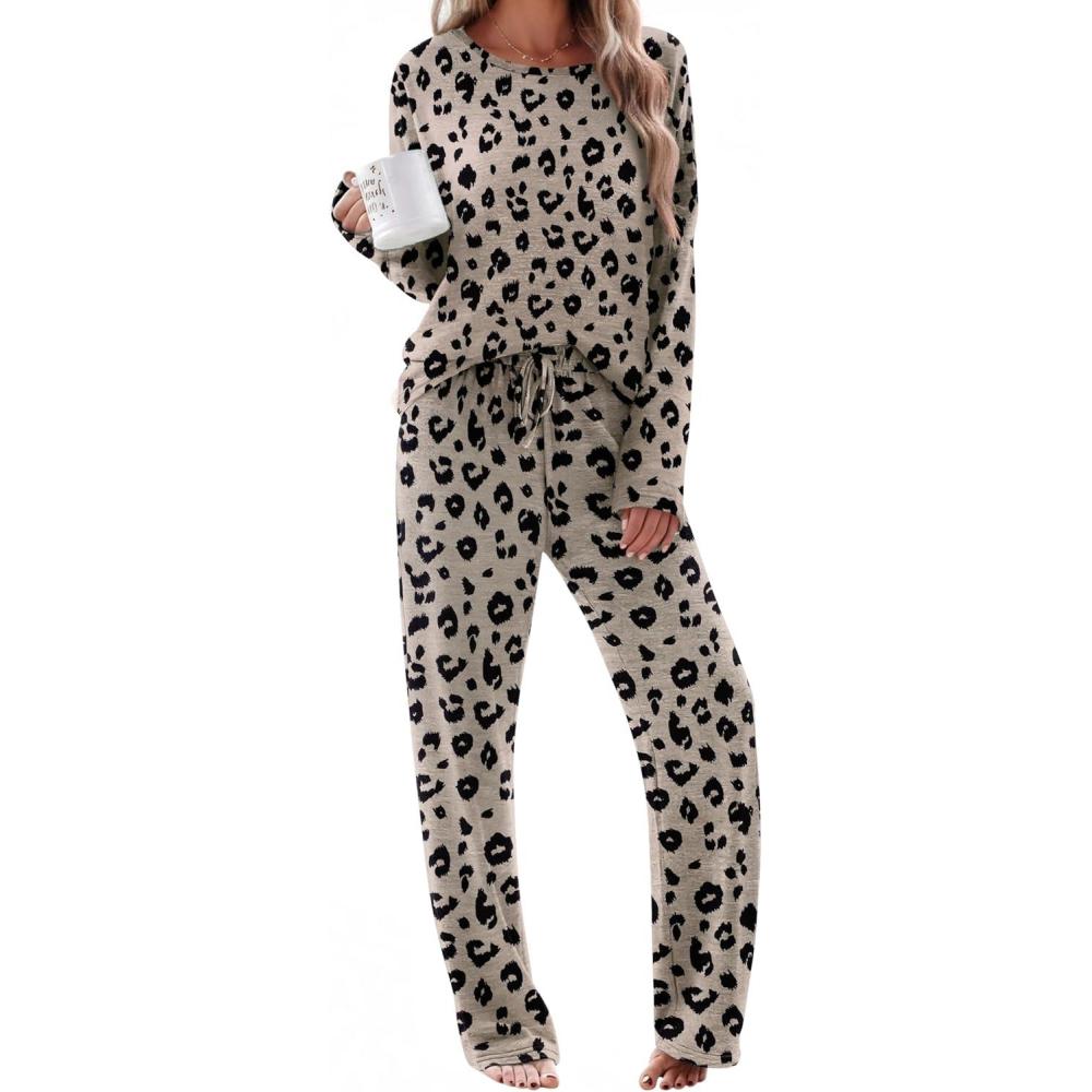 imageEkouaer Pajama Set Womens Long Sleeve Sleepwear Pullover Top and Pants Cozy Loungewear Soft Pjs Lounge Set with Pockets SXXLLeopard