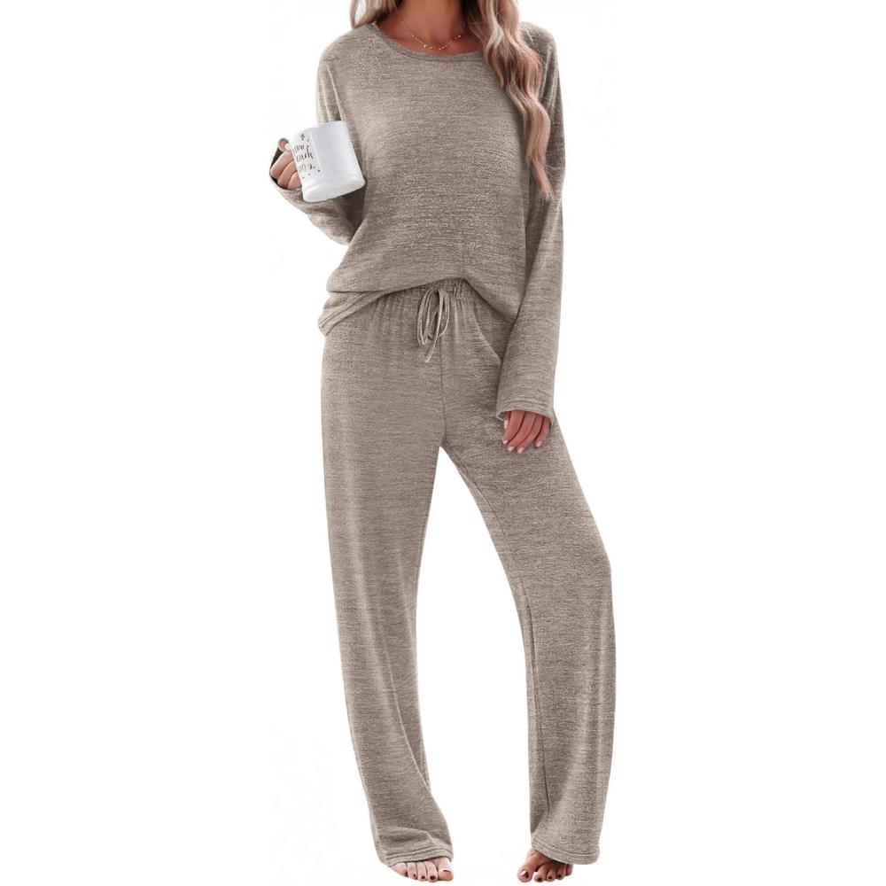imageEkouaer Pajama Set Womens Long Sleeve Sleepwear Pullover Top and Pants Cozy Loungewear Soft Pjs Lounge Set with Pockets SXXLLight Khaki