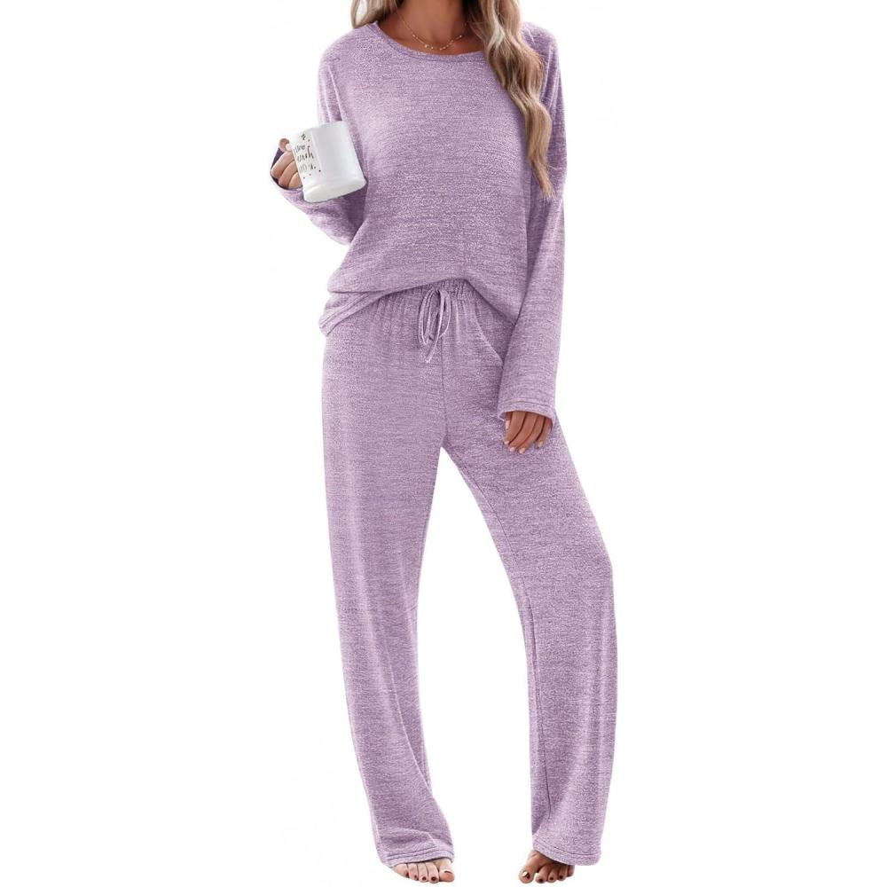 imageEkouaer Pajama Set Womens Long Sleeve Sleepwear Pullover Top and Pants Cozy Loungewear Soft Pjs Lounge Set with Pockets SXXLPink
