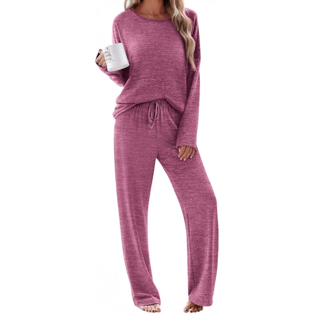 imageEkouaer Pajama Set Womens Long Sleeve Sleepwear Pullover Top and Pants Cozy Loungewear Soft Pjs Lounge Set with Pockets SXXLRose Red