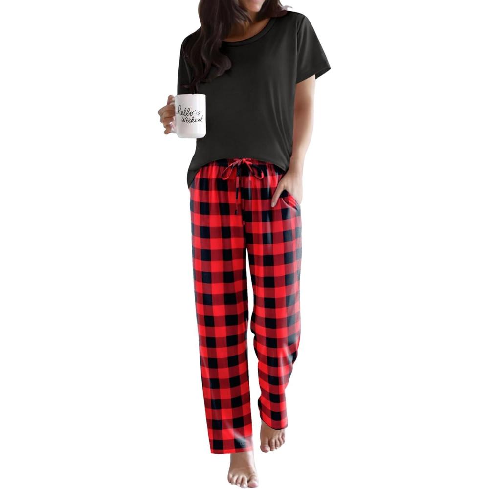 imageEkouaer Pajama Sets for Women Round Neck Pjs Short Sleeve Sleepwear with Long Pants Loose Lounge SetsBlackred Plaid