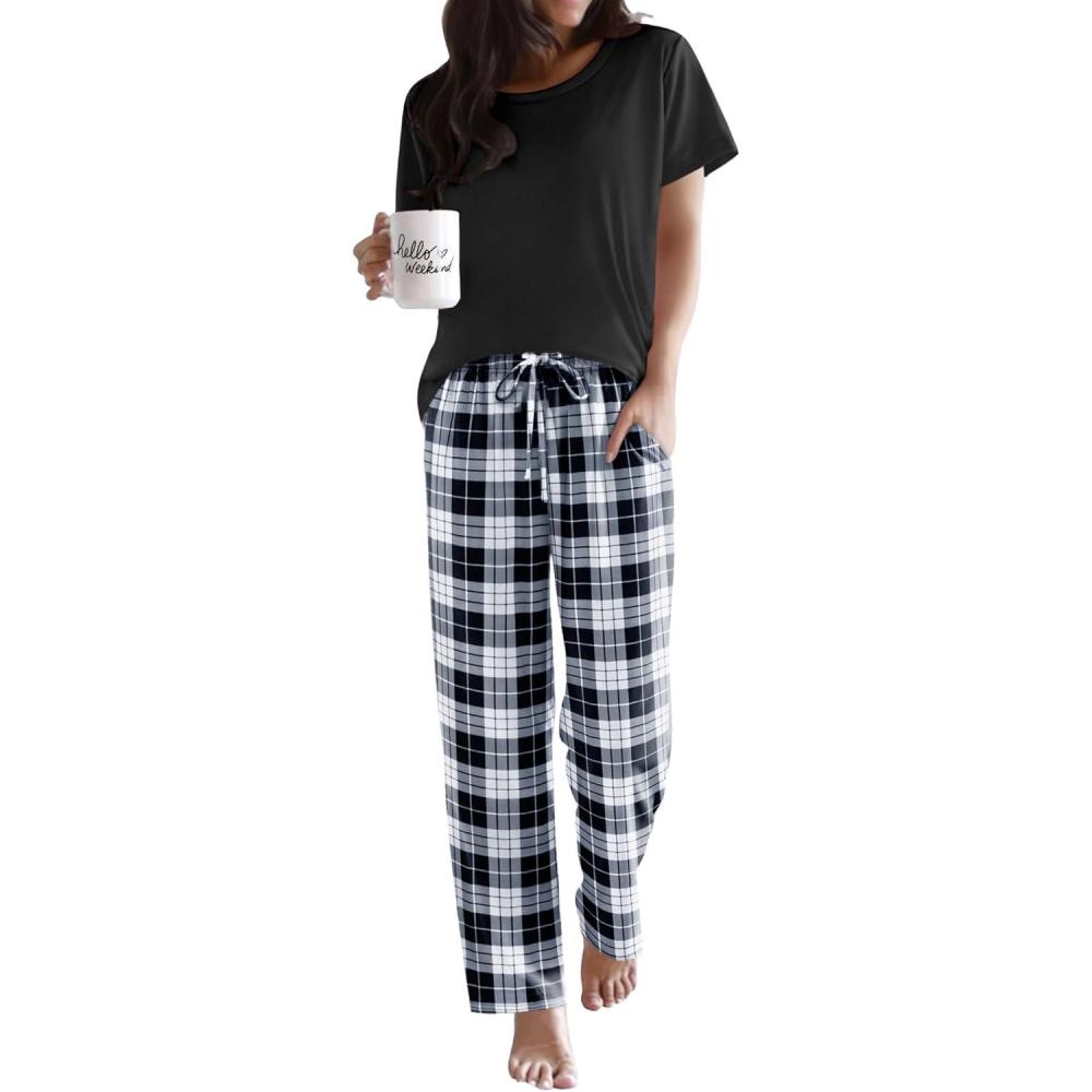 imageEkouaer Pajama Sets for Women Round Neck Pjs Short Sleeve Sleepwear with Long Pants Loose Lounge SetsBlackwhite Plaid