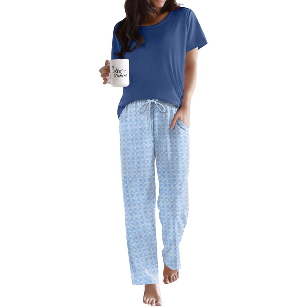 imageEkouaer Pajama Sets for Women Round Neck Pjs Short Sleeve Sleepwear with Long Pants Loose Lounge SetsBlue Leaves