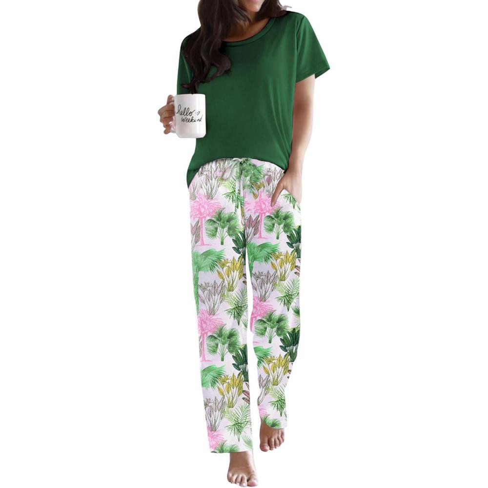 imageEkouaer Pajama Sets for Women Round Neck Pjs Short Sleeve Sleepwear with Long Pants Loose Lounge SetsGreen Hawaii Trees
