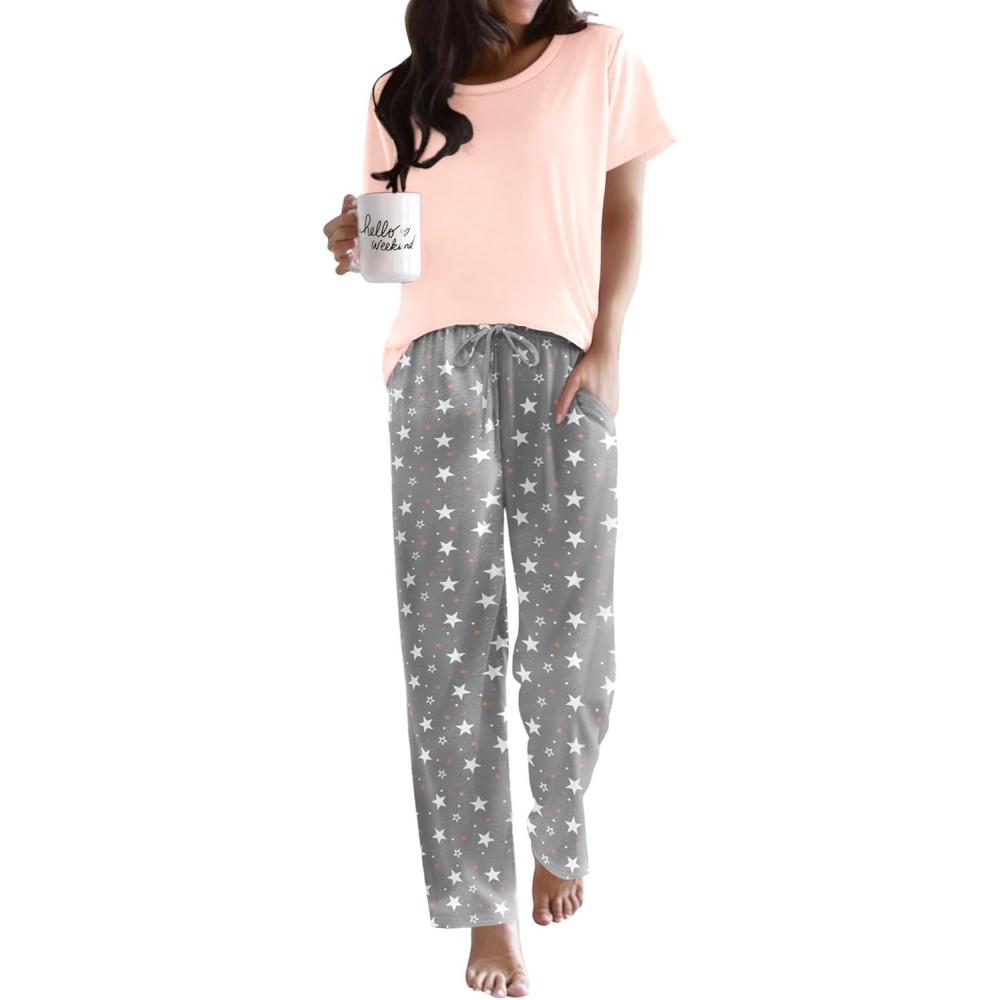 imageEkouaer Pajama Sets for Women Round Neck Pjs Short Sleeve Sleepwear with Long Pants Loose Lounge SetsGrey Star