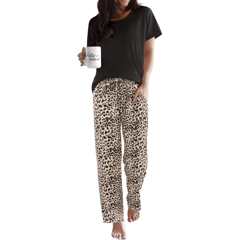 imageEkouaer Pajama Sets for Women Round Neck Pjs Short Sleeve Sleepwear with Long Pants Loose Lounge SetsLeopard
