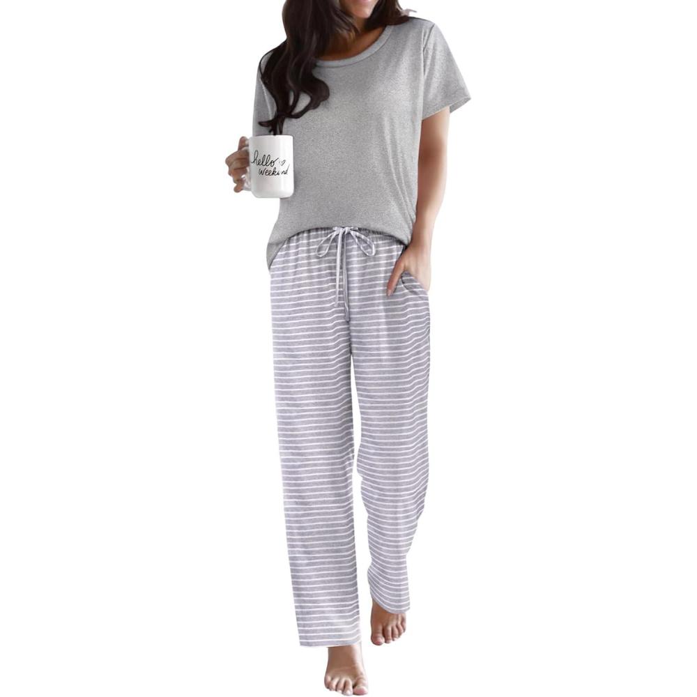 imageEkouaer Pajama Sets for Women Round Neck Pjs Short Sleeve Sleepwear with Long Pants Loose Lounge SetsLight Grey Striped