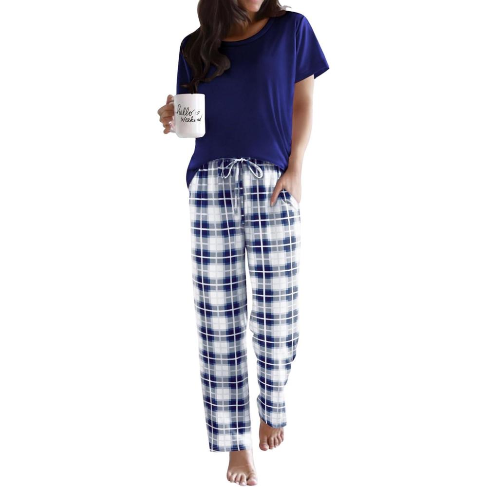 imageEkouaer Pajama Sets for Women Round Neck Pjs Short Sleeve Sleepwear with Long Pants Loose Lounge SetsNavy Bluewhite Plaid