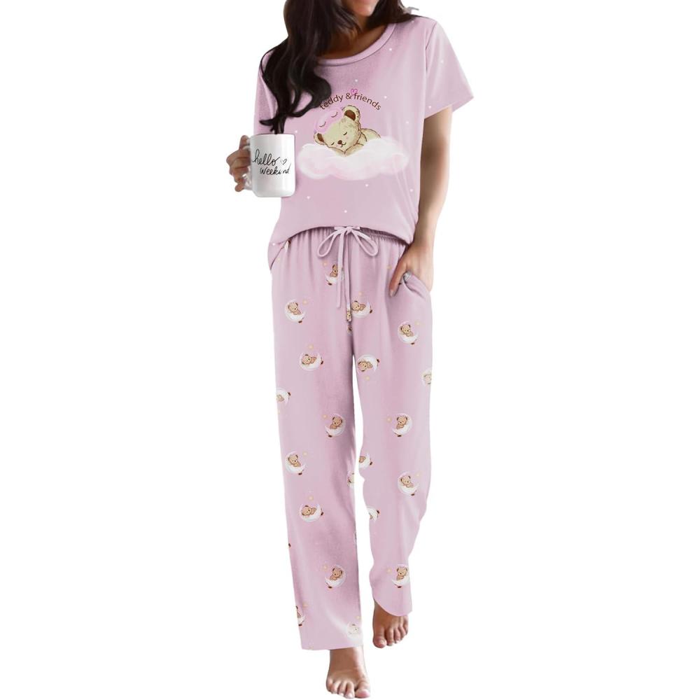 imageEkouaer Pajama Sets for Women Round Neck Pjs Short Sleeve Sleepwear with Long Pants Loose Lounge SetsPink Teddy Bear