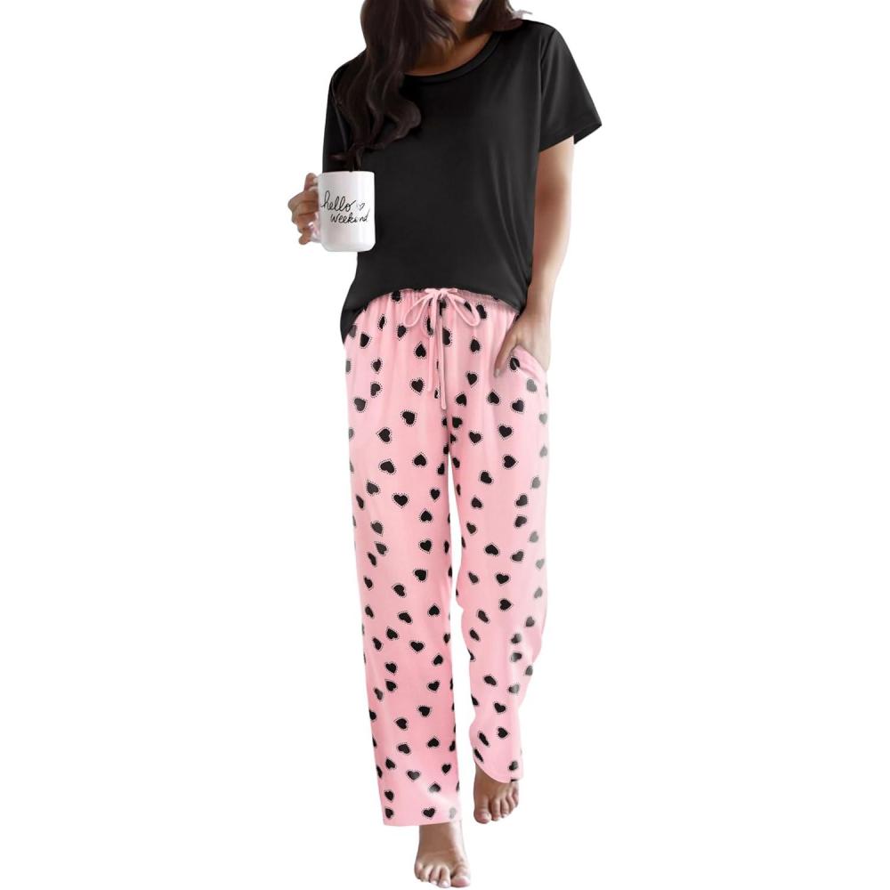 imageEkouaer Pajama Sets for Women Round Neck Pjs Short Sleeve Sleepwear with Long Pants Loose Lounge SetsPinkblack Heart