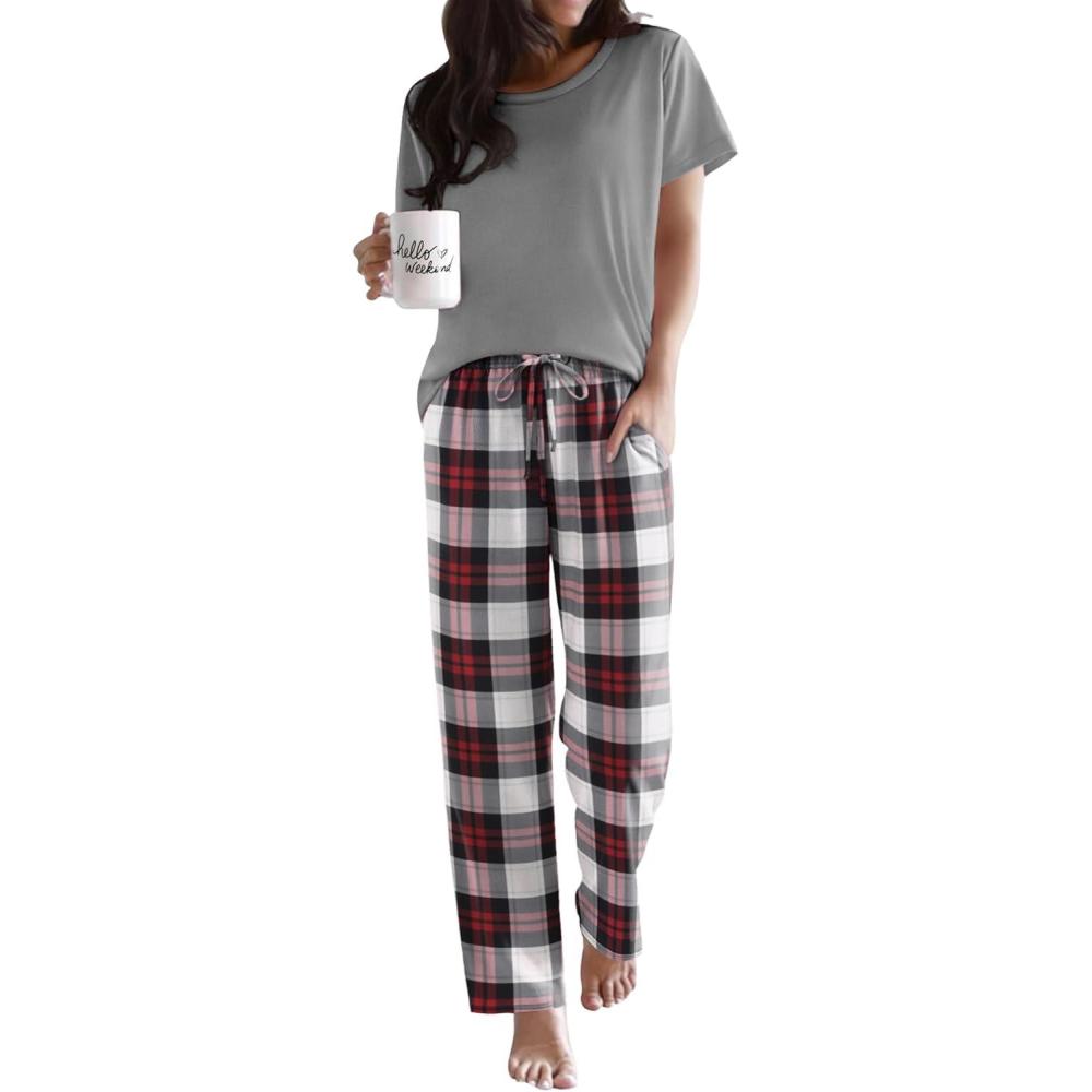 imageEkouaer Pajama Sets for Women Round Neck Pjs Short Sleeve Sleepwear with Long Pants Loose Lounge SetsWine Redwhite Plaid