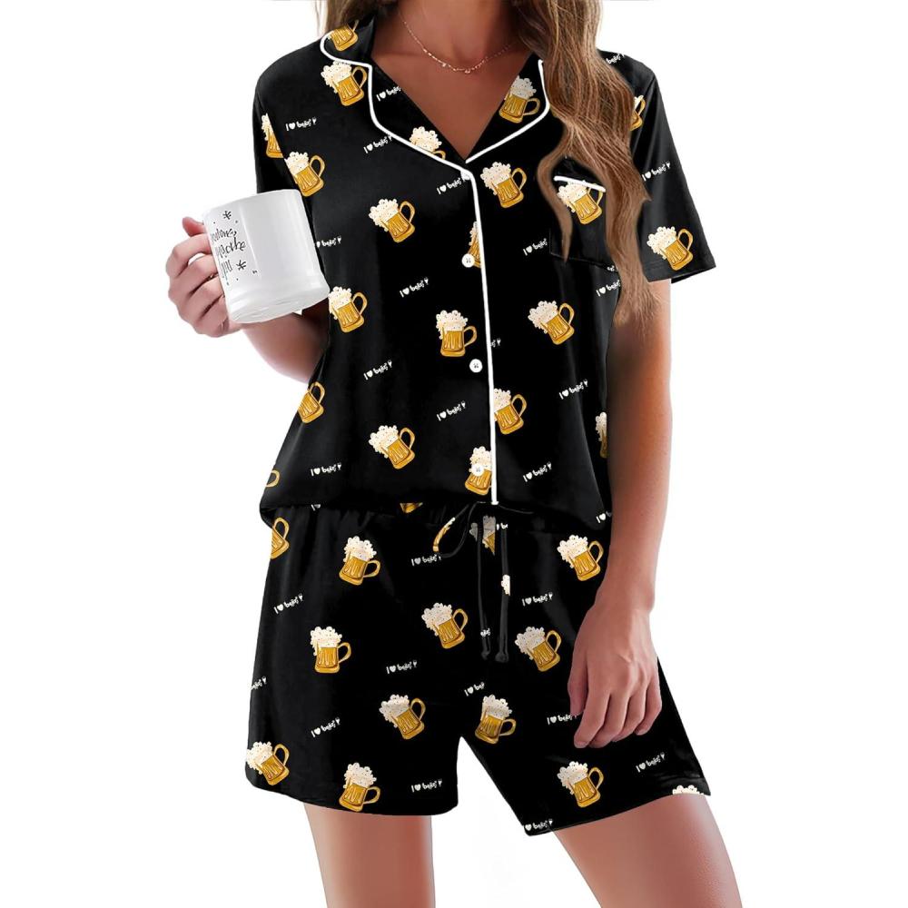 imageEkouaer Pajamas Set for Women Short Sleeve Sleepwear Button Down Pjs Soft 2 Piece Lounge Sets XSXXXLBlack Beer Print