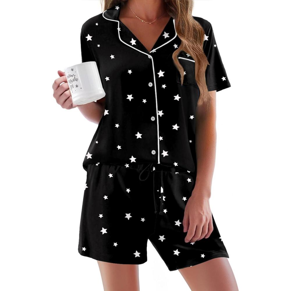 imageEkouaer Pajamas Set for Women Short Sleeve Sleepwear Button Down Pjs Soft 2 Piece Lounge Sets XSXXXLBlack With Stars