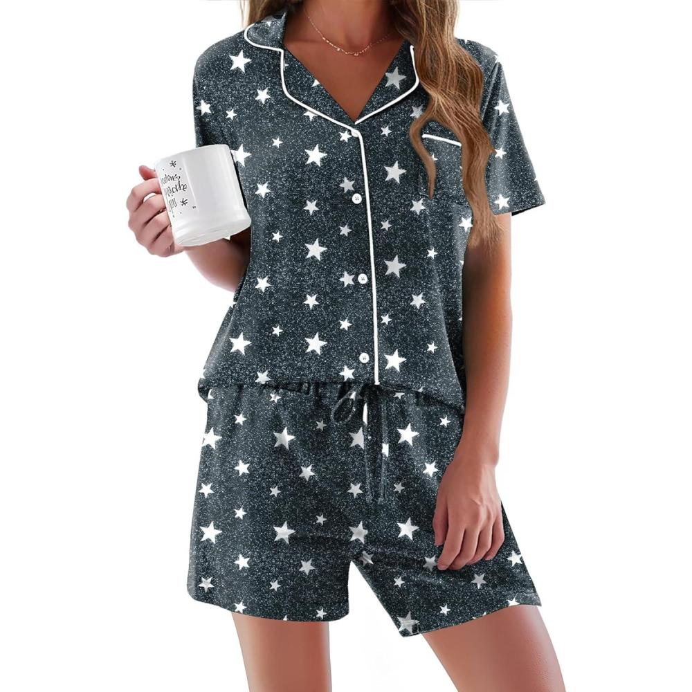 imageEkouaer Pajamas Set for Women Short Sleeve Sleepwear Button Down Pjs Soft 2 Piece Lounge Sets XSXXXLGray Star Print