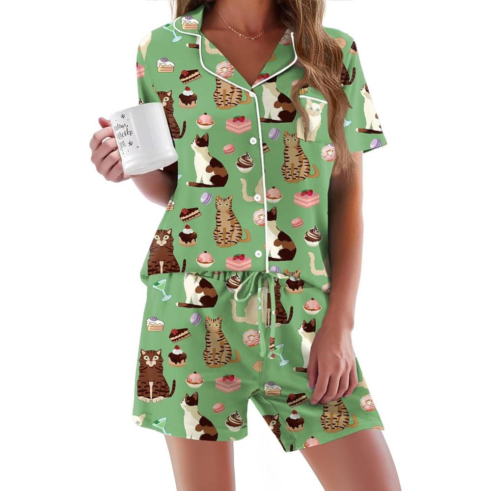 imageEkouaer Pajamas Set for Women Short Sleeve Sleepwear Button Down Pjs Soft 2 Piece Lounge Sets XSXXXLGreen Cat Print