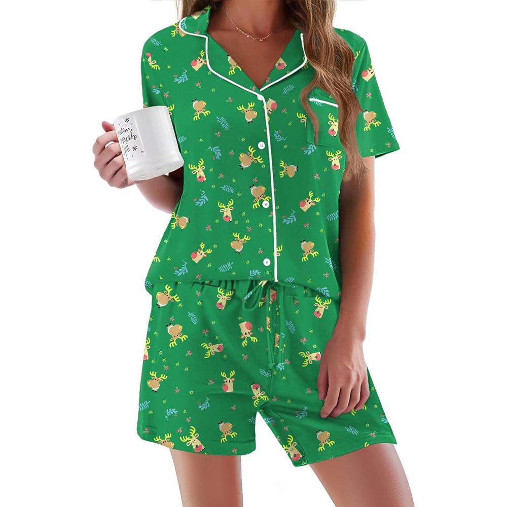 imageEkouaer Pajamas Set for Women Short Sleeve Sleepwear Button Down Pjs Soft 2 Piece Lounge Sets XSXXXLGreen Christmas Deer