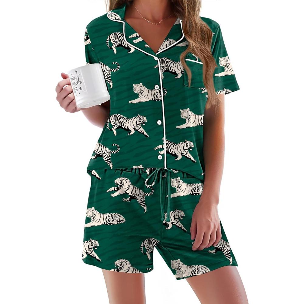 imageEkouaer Pajamas Set for Women Short Sleeve Sleepwear Button Down Pjs Soft 2 Piece Lounge Sets XSXXXLGreen Tiger Print
