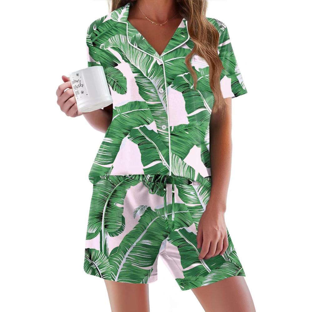 imageEkouaer Pajamas Set for Women Short Sleeve Sleepwear Button Down Pjs Soft 2 Piece Lounge Sets XSXXXLPink Leaves