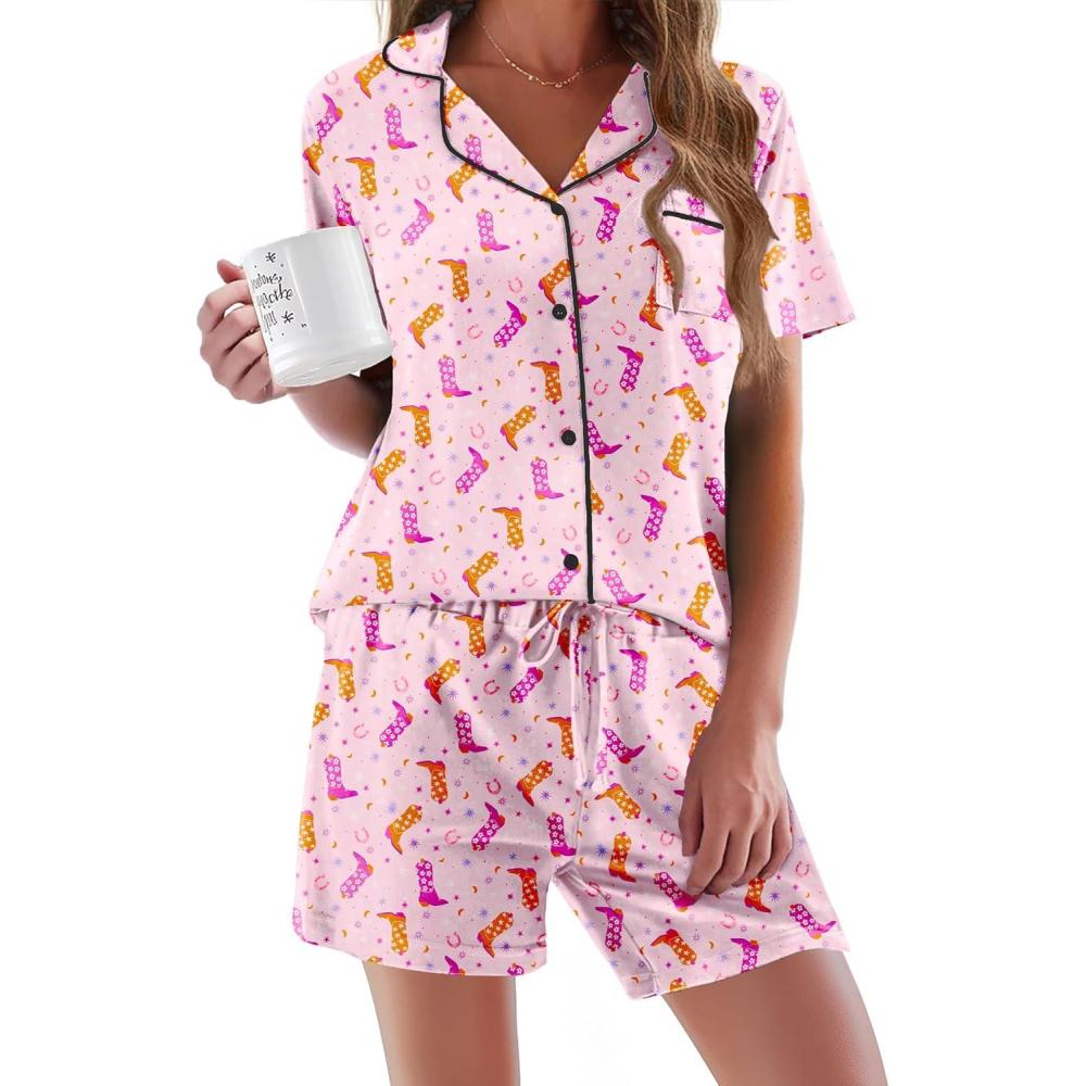 imageEkouaer Pajamas Set for Women Short Sleeve Sleepwear Button Down Pjs Soft 2 Piece Lounge Sets XSXXXLPink With Boot Print