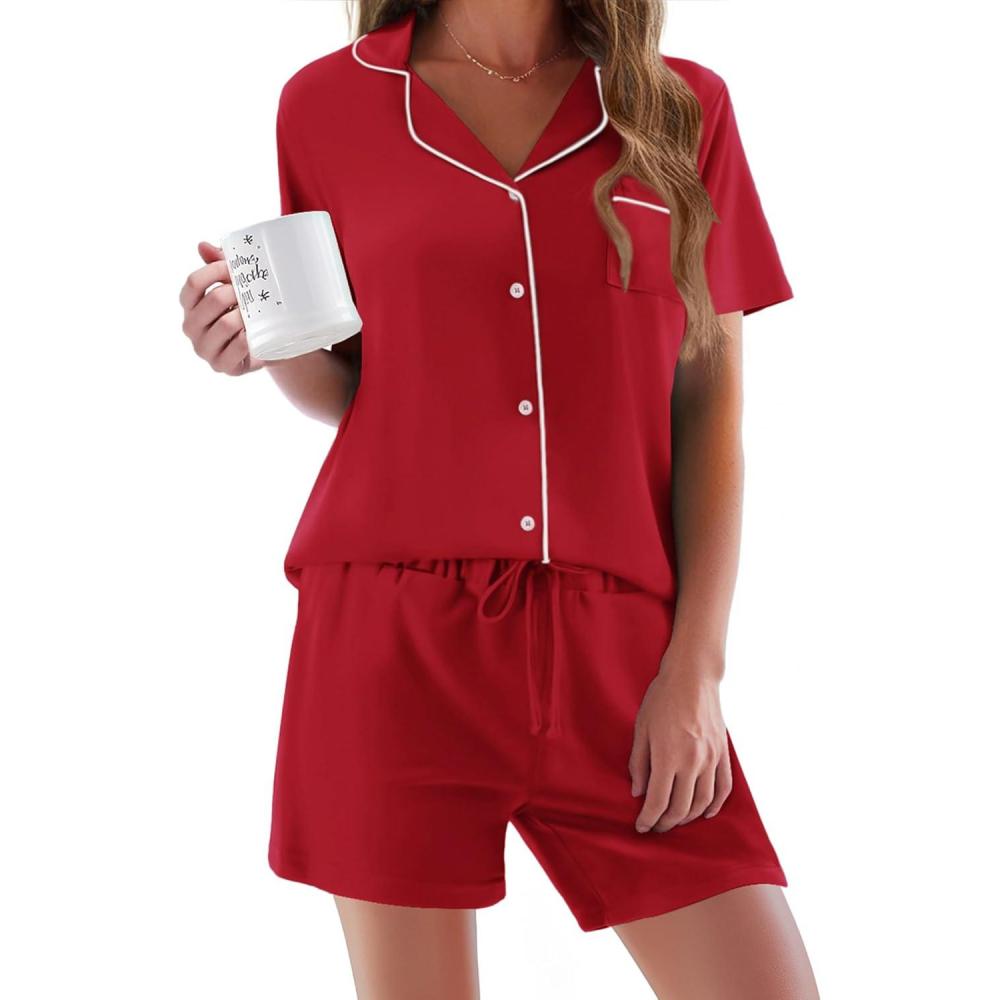 imageEkouaer Pajamas Set for Women Short Sleeve Sleepwear Button Down Pjs Soft 2 Piece Lounge Sets XSXXXLRed