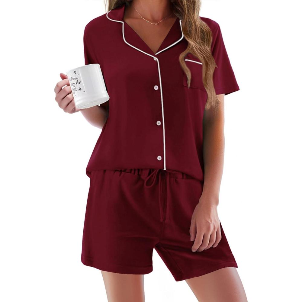 imageEkouaer Pajamas Set for Women Short Sleeve Sleepwear Button Down Pjs Soft 2 Piece Lounge Sets XSXXXLWine Red