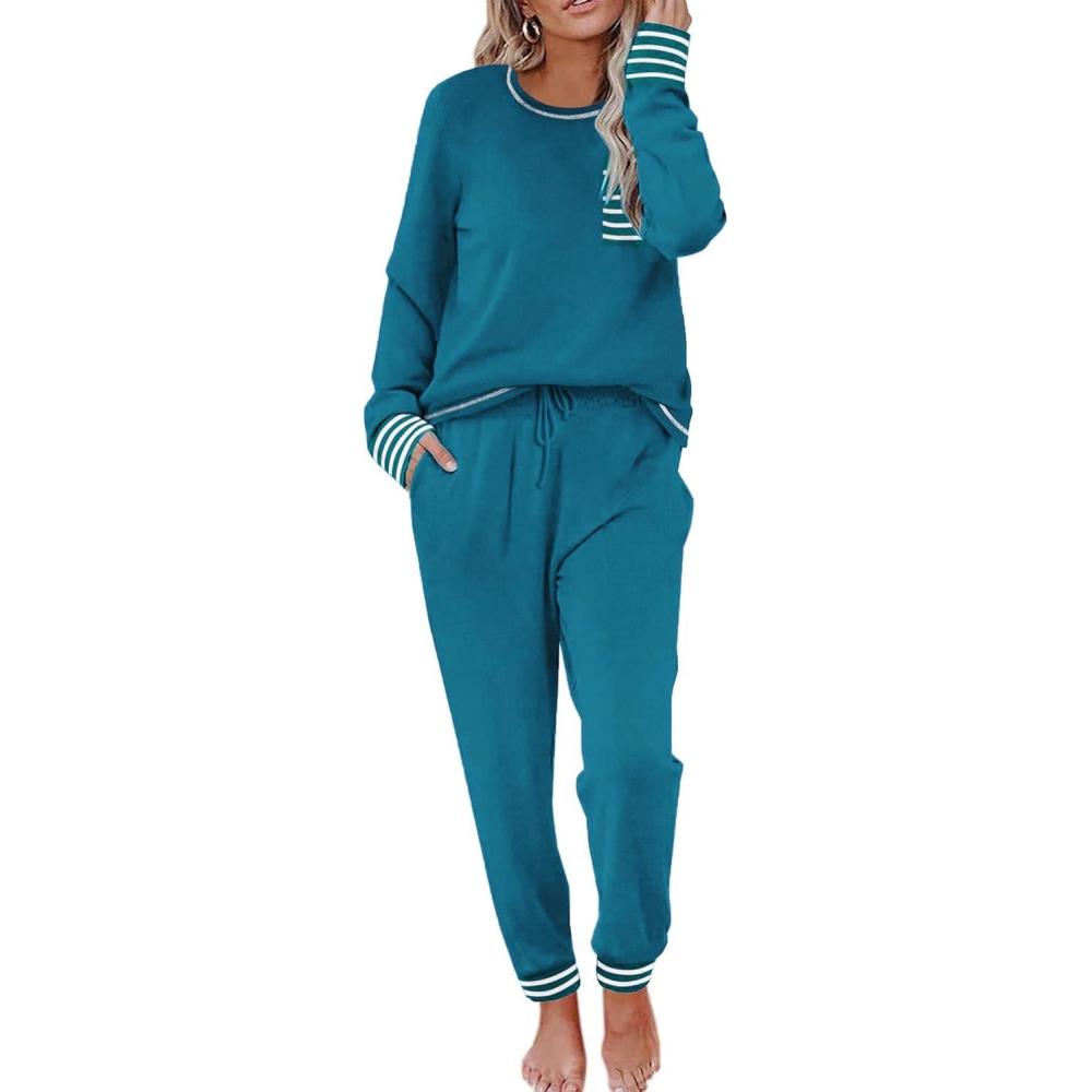 imageEkouaer Pajamas Womens Long Sleeve Sleepwear with Long Pants Soft Loungewear Pj Set SXXLBlue Green