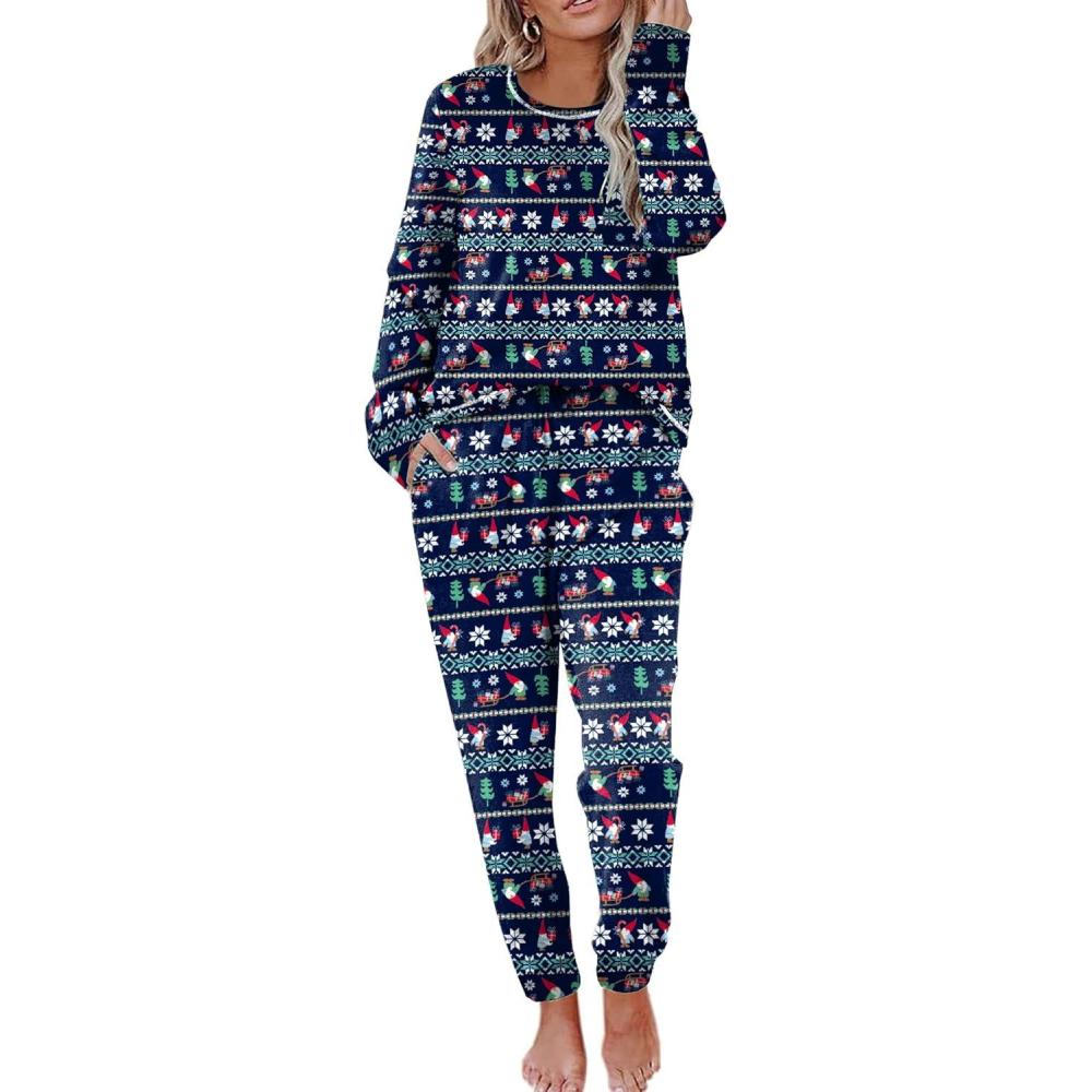 imageEkouaer Pajamas Womens Long Sleeve Sleepwear with Long Pants Soft Loungewear Pj Set SXXLChristmas Santa on Navy