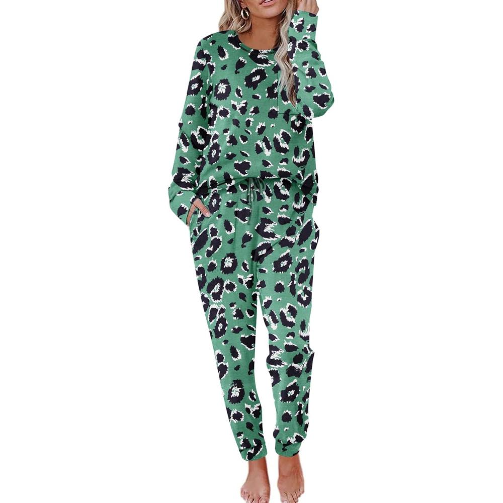 imageEkouaer Pajamas Womens Long Sleeve Sleepwear with Long Pants Soft Loungewear Pj Set SXXLGreen Leopardprint