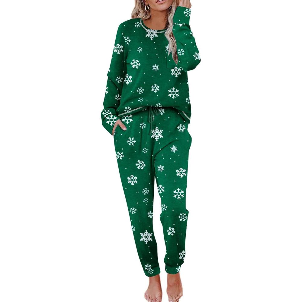 imageEkouaer Pajamas Womens Long Sleeve Sleepwear with Long Pants Soft Loungewear Pj Set SXXLGreen Snowflakes