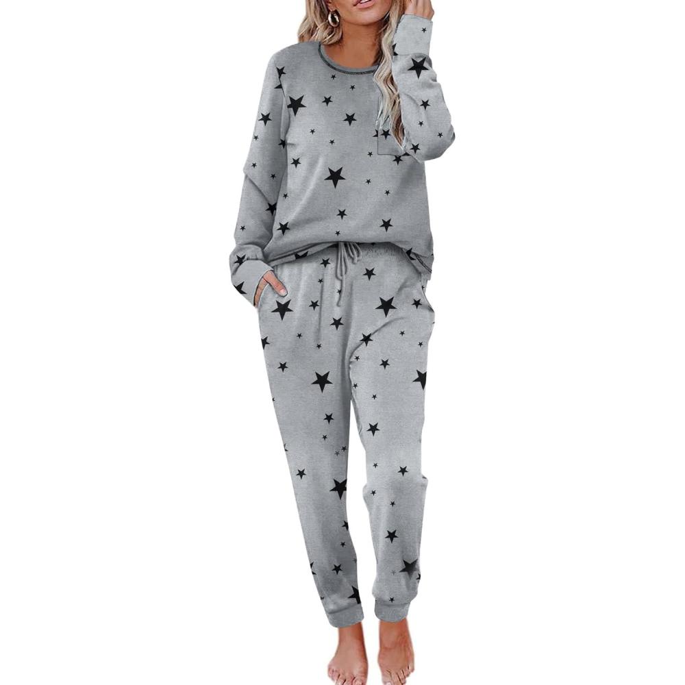 imageEkouaer Pajamas Womens Long Sleeve Sleepwear with Long Pants Soft Loungewear Pj Set SXXLGrey Black Star