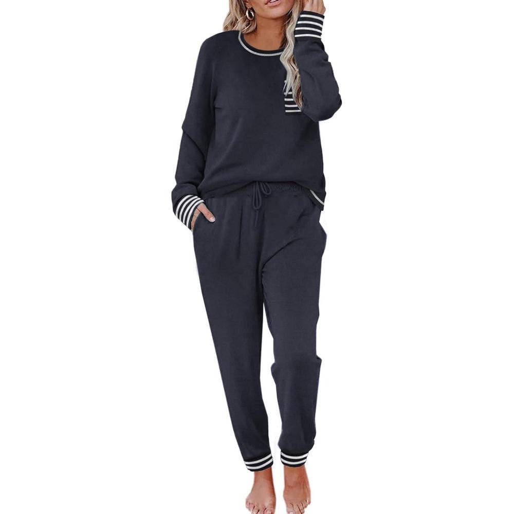 imageEkouaer Pajamas Womens Long Sleeve Sleepwear with Long Pants Soft Loungewear Pj Set SXXLNavy Blue