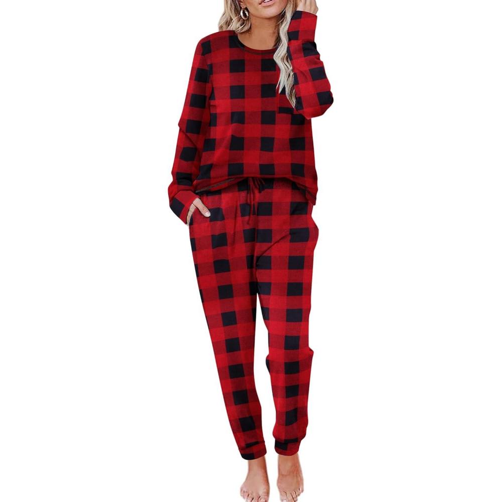 imageEkouaer Pajamas Womens Long Sleeve Sleepwear with Long Pants Soft Loungewear Pj Set SXXLRed and Black Plaid