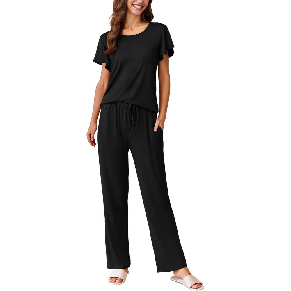 imageEkouaer Pajamas for Women Set 2 Piece Comfy Loungewear Lightweight Pjs Sleepwear Short Sleeve Top amp Long Pants with Pockets1 Packblack