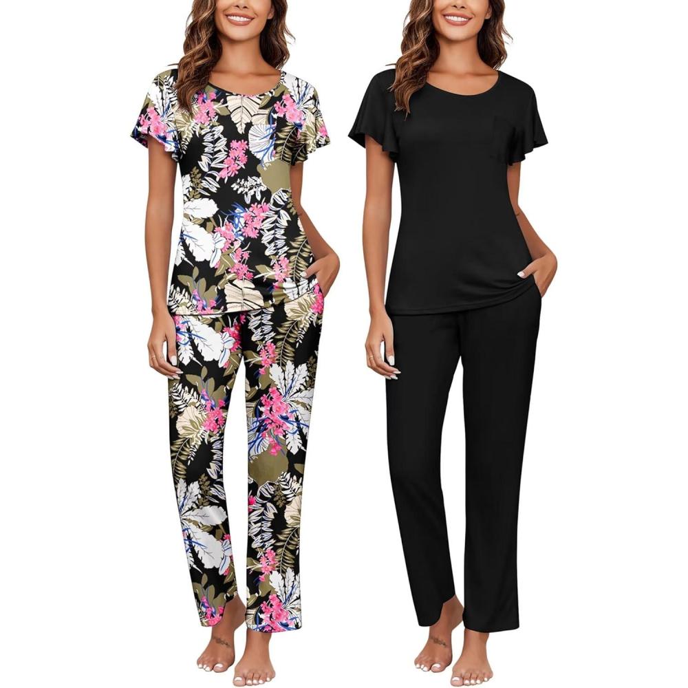imageEkouaer Pajamas for Women Set 2 Piece Comfy Loungewear Lightweight Pjs Sleepwear Short Sleeve Top amp Long Pants with PocketsBlack Floralblack