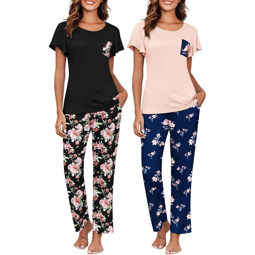 imageEkouaer Pajamas for Women Set 2 Piece Comfy Loungewear Lightweight Pjs Sleepwear Short Sleeve Top amp Long Pants with PocketsBlack Floralpink Floral