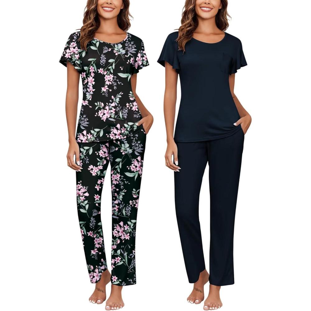 imageEkouaer Pajamas for Women Set 2 Piece Comfy Loungewear Lightweight Pjs Sleepwear Short Sleeve Top amp Long Pants with PocketsBlack Flowersnavy Blue