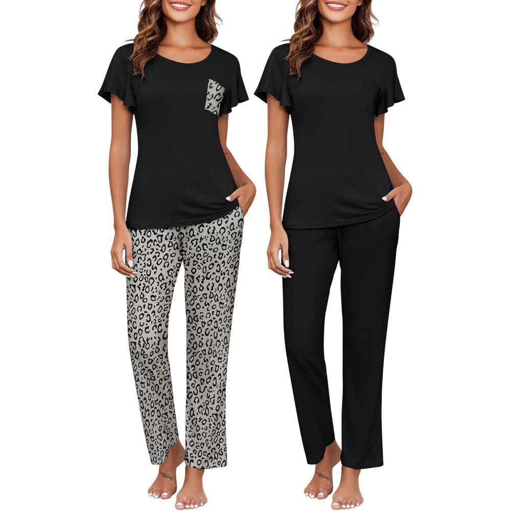 imageEkouaer Pajamas for Women Set 2 Piece Comfy Loungewear Lightweight Pjs Sleepwear Short Sleeve Top amp Long Pants with PocketsBlackleopard Print