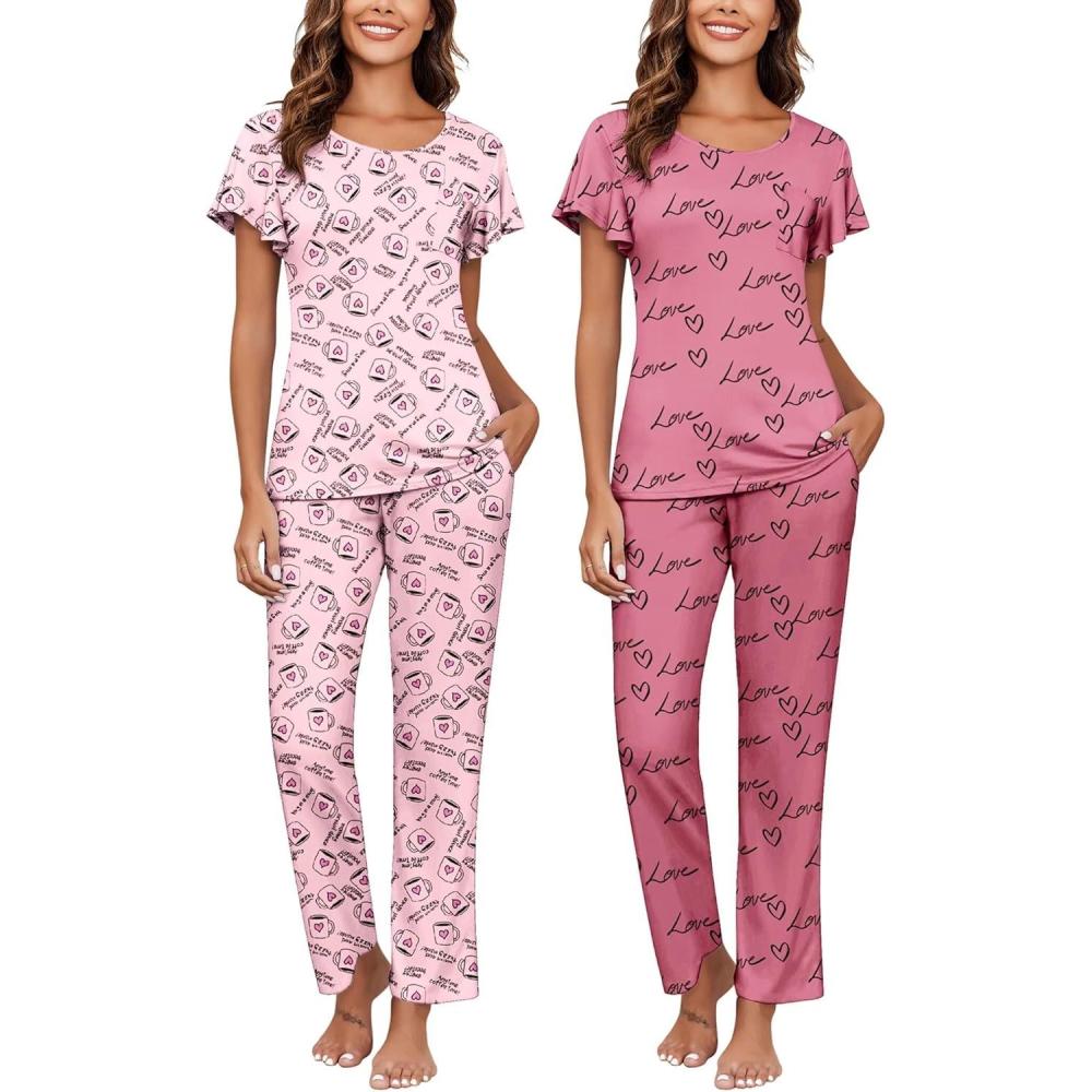 imageEkouaer Pajamas for Women Set 2 Piece Comfy Loungewear Lightweight Pjs Sleepwear Short Sleeve Top amp Long Pants with PocketsCupsloves