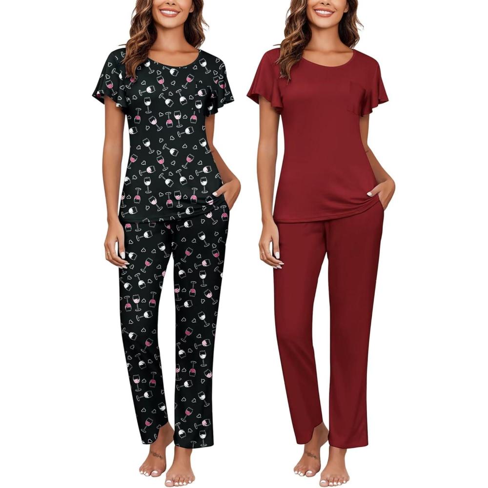 imageEkouaer Pajamas for Women Set 2 Piece Comfy Loungewear Lightweight Pjs Sleepwear Short Sleeve Top amp Long Pants with PocketsCupswine Red